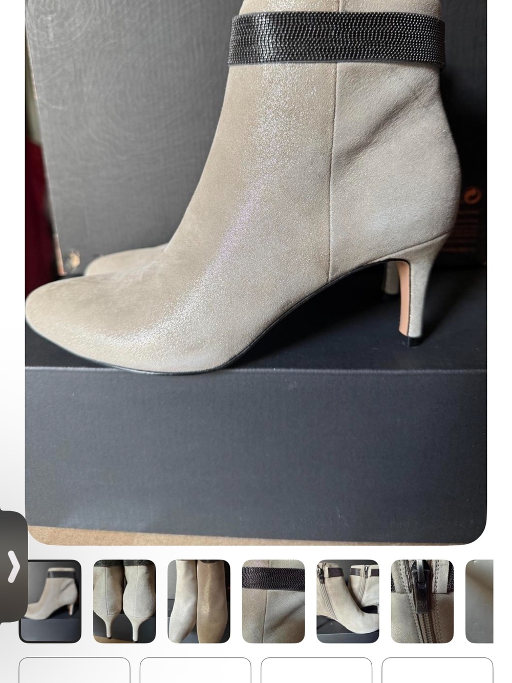 Pelle Moda Light Beige Suede Ankle Boots with Black Embellished Strap